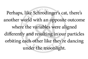 Perhaps, like Schrodinger’s cat, there’s another world with an opposite outcome where the variables were aligned differently and resulting in our particles orbiting each other like they’re dancing under the moonlight.